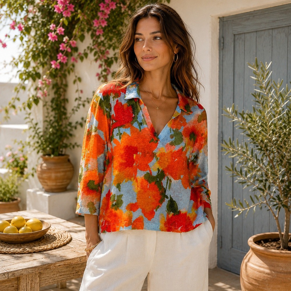 Joie Floral 100% Linen V-Neck Polo Top Large 3/4 sleeve orange-blue